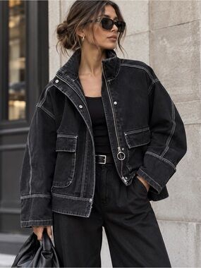 TONLION Black Denim Utility Jacket Contrast Stitch Oversized | L